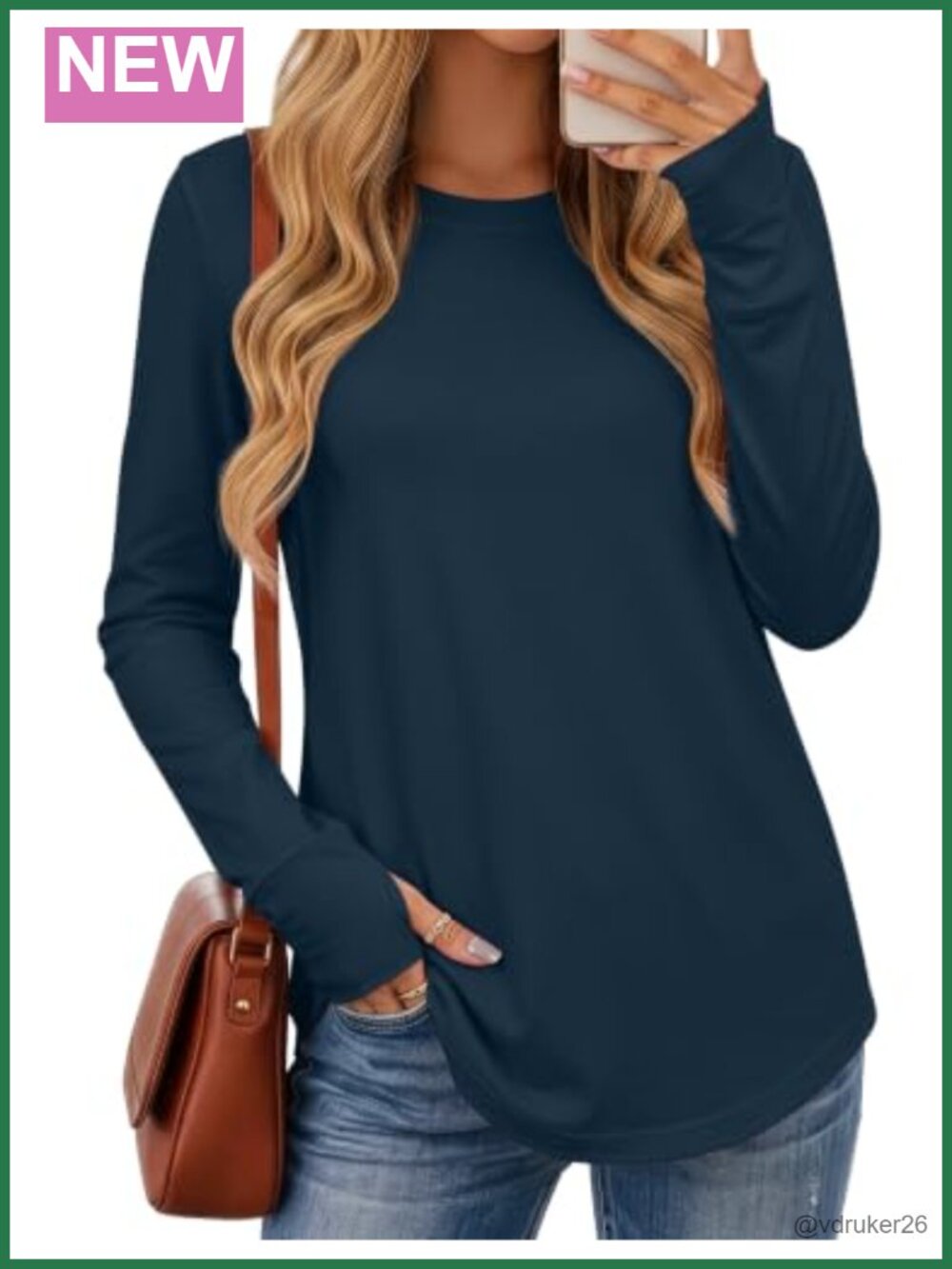 Cotton Long Sleeve Tunic Top with Thumb Holes Crew Neck Curved Hem